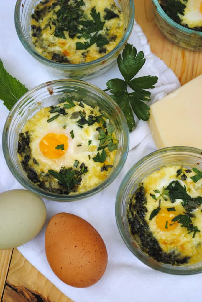 Baked eggs Florentine in ramekins