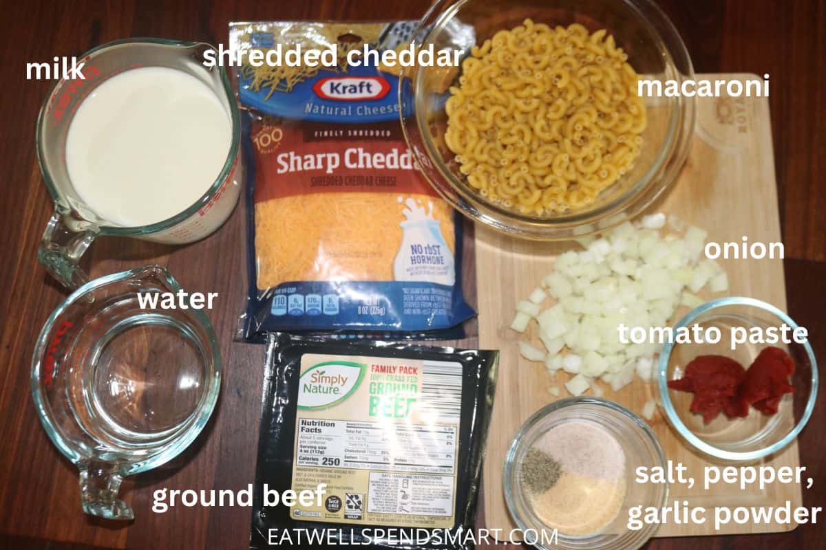milk, water, cheddar cheese, ground beef, macaroni, onion, tomato paste, and seasonings