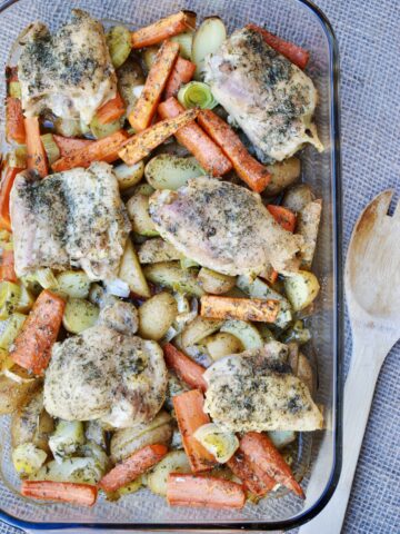 Dry ranch chicken and vegetables in a baking dish