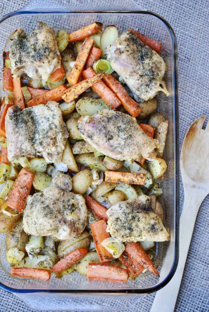 Dry ranch chicken and vegetables in a baking dish