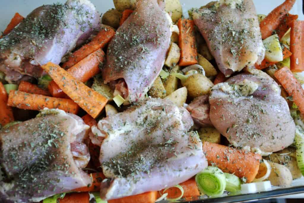 dry ranch chicken and vegetables ready for the oven