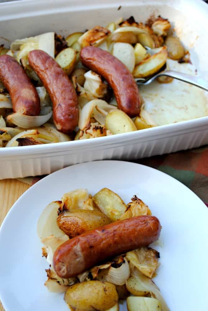 Sausage, potatoes, onions, and cabbage