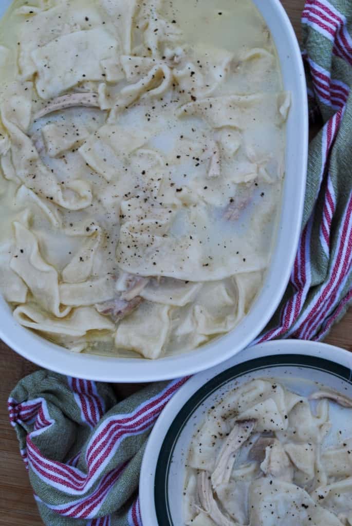 Old fashioned chicken and dumplings from scratch like grandma made.