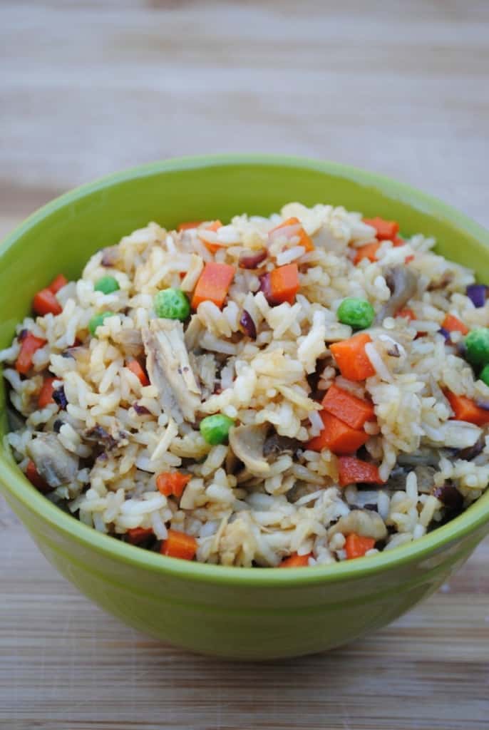 chicken fried rice in a green bowl