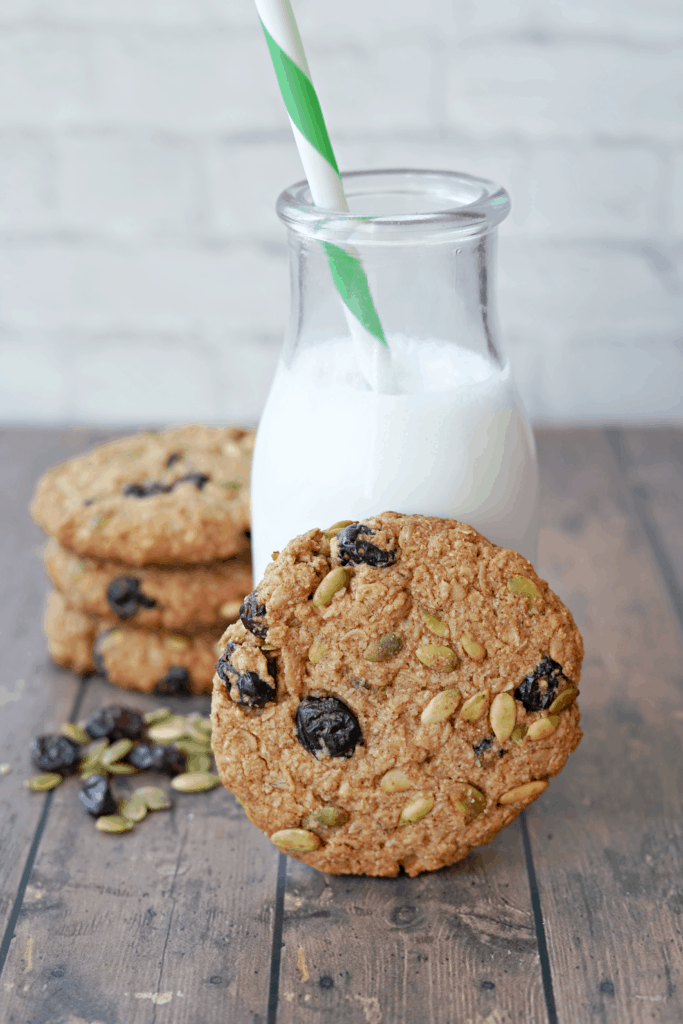 breakfast cookie in front of glass of milk