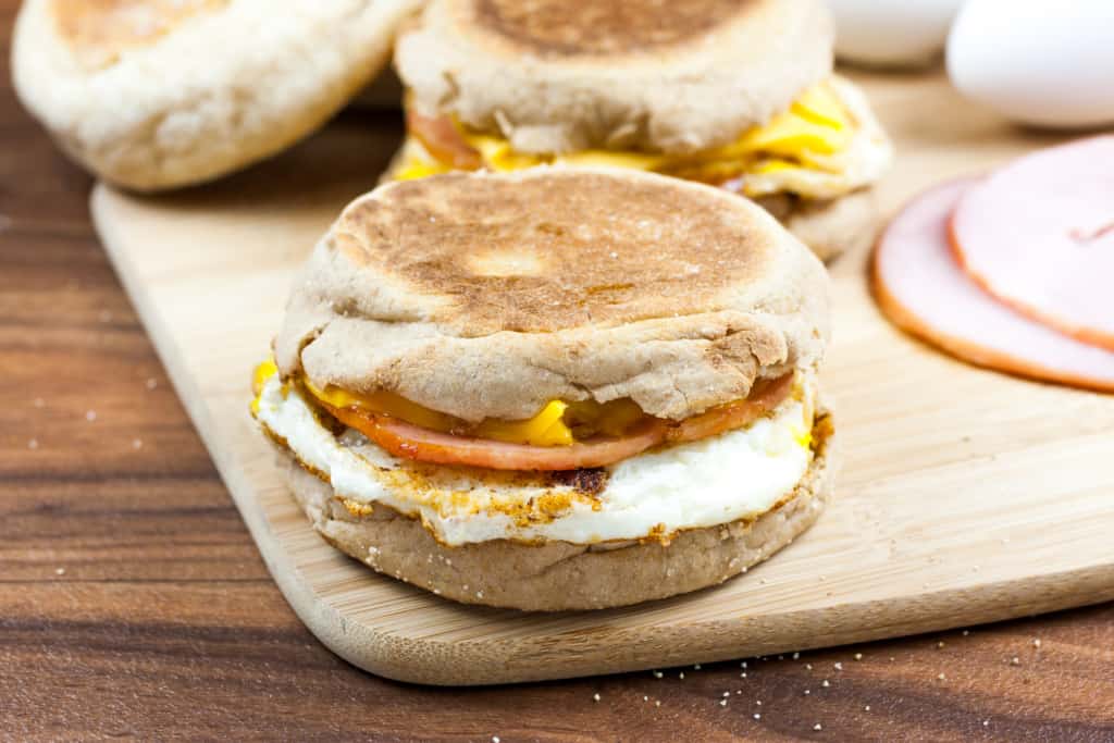 ham egg and cheese English muffin sandwich