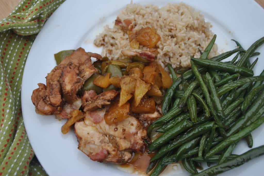 Chicken with pineapple and bacon.  A tasty one dish dinner.