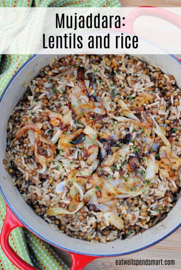 Lentils and rice topped with caramelized onions.