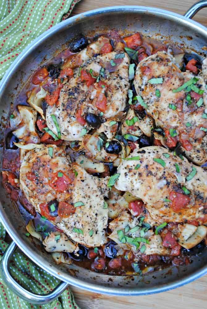 Chicken with olives, artichokes, and tomatoes