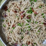 Pasta with bacon and peas. A super cheap and delicious family meal.