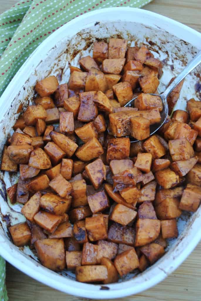 Maple roasted sweet potatoes. A sweet and delicious fall side dish.