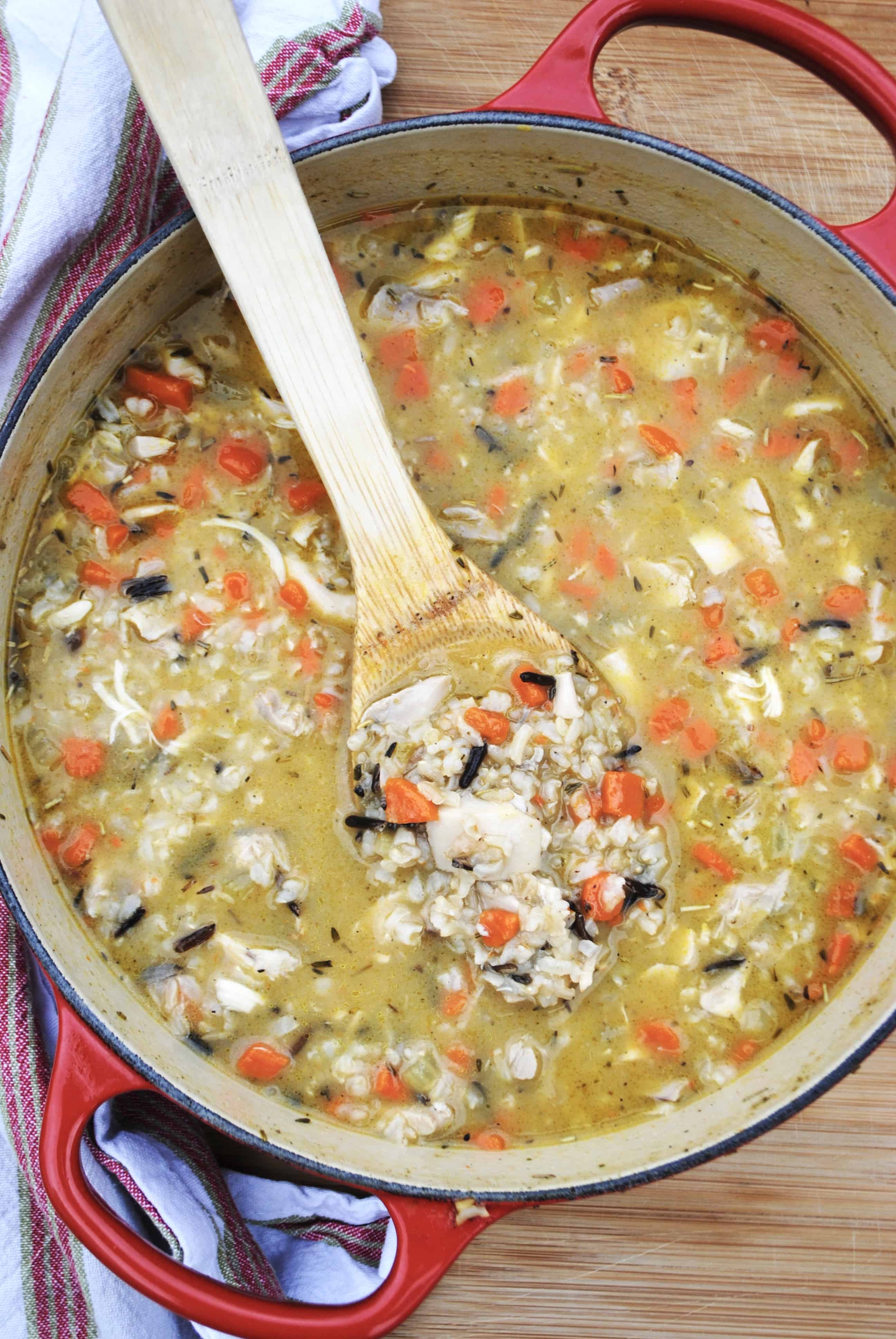 Chicken and wild rice soup. Perfect for a cold day. Can be made gluten-free and dairy-free if needed.