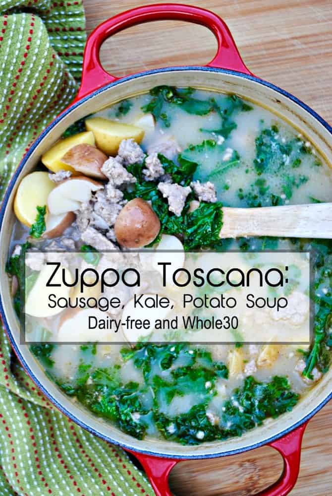 Creamy Zuppa Toscana soup. A winter soup with sausage, kale, potatoes, and a creamy broth.