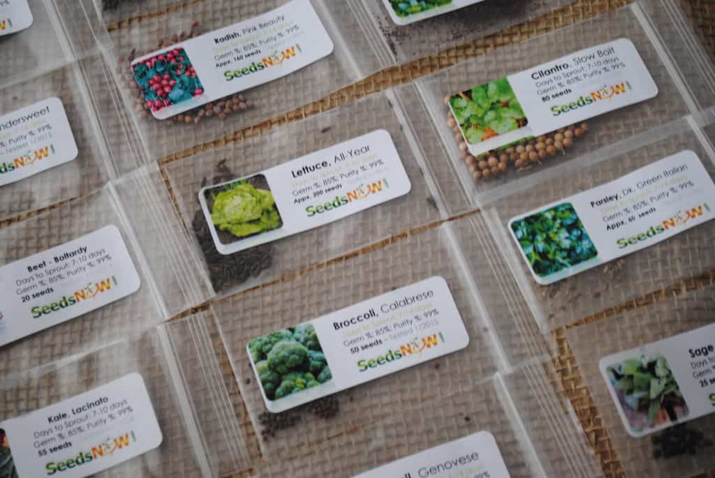 Packets of seeds on burlap