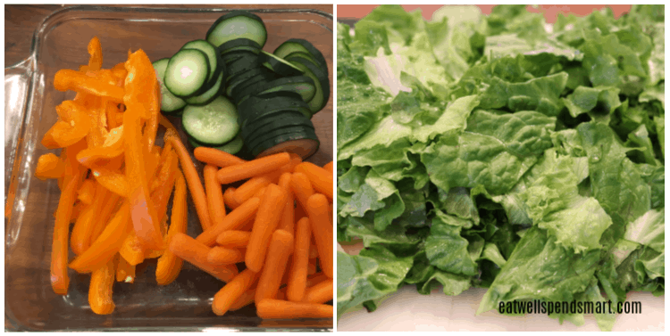 Collage with sliced cucumbers, peppers, carrots, and lettuce