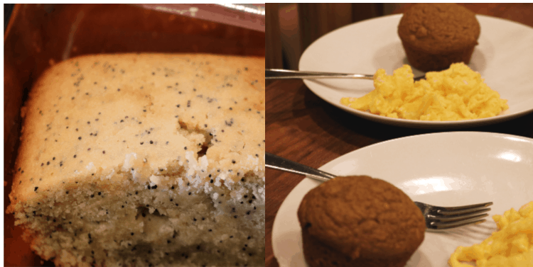 lemon poppy seed bread beside two white plates with scrambled eggs and pumpkin muffins