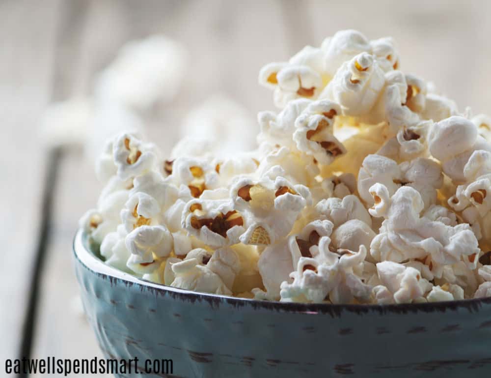 popcorn in a blue bowl