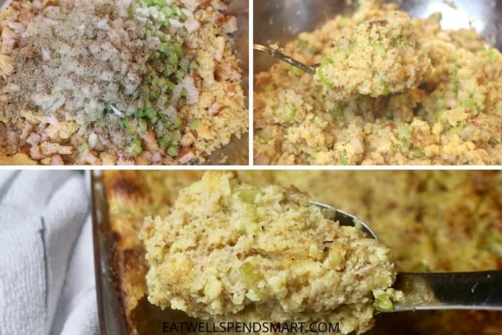 Cornbread dressing ingredients mixed in a bowl. Wet consistency cornbread mixture. Scoop of final product.