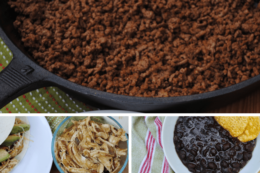 ground beef, salsa verde chicken, and beans