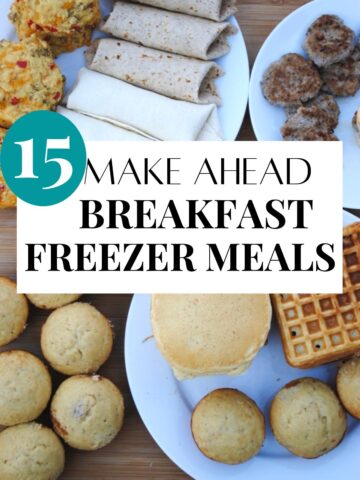 Delicious homemade breakfast freezer meals—including muffins, burritos, and waffles for easy mornings.