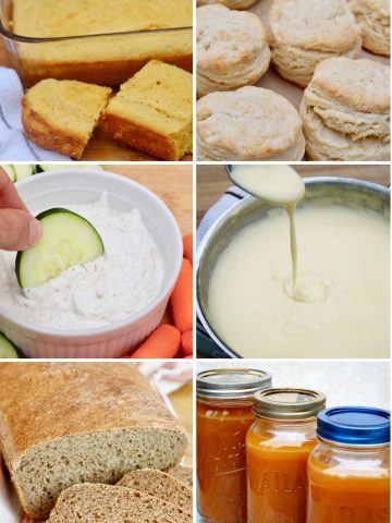 Foods to make from scratch: cornbread, biscuits, dip, cheese sauce, bread, broth