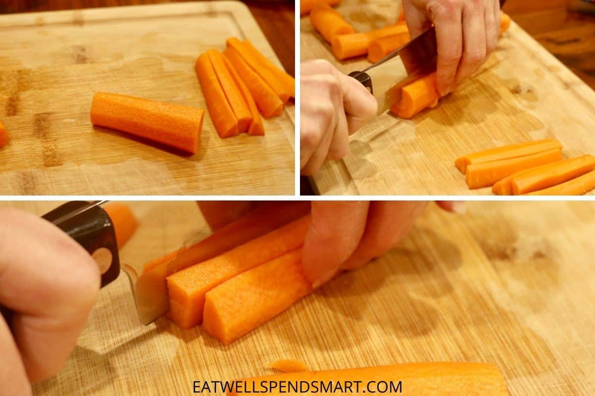 cut carrots into three inch segments, cut each piece in half lengthwise, and then each half into thirds to make carrot sticks