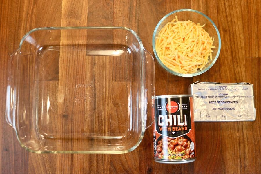 8x8 baking dish, canned chili, cream cheese, and shredded cheddar cheese