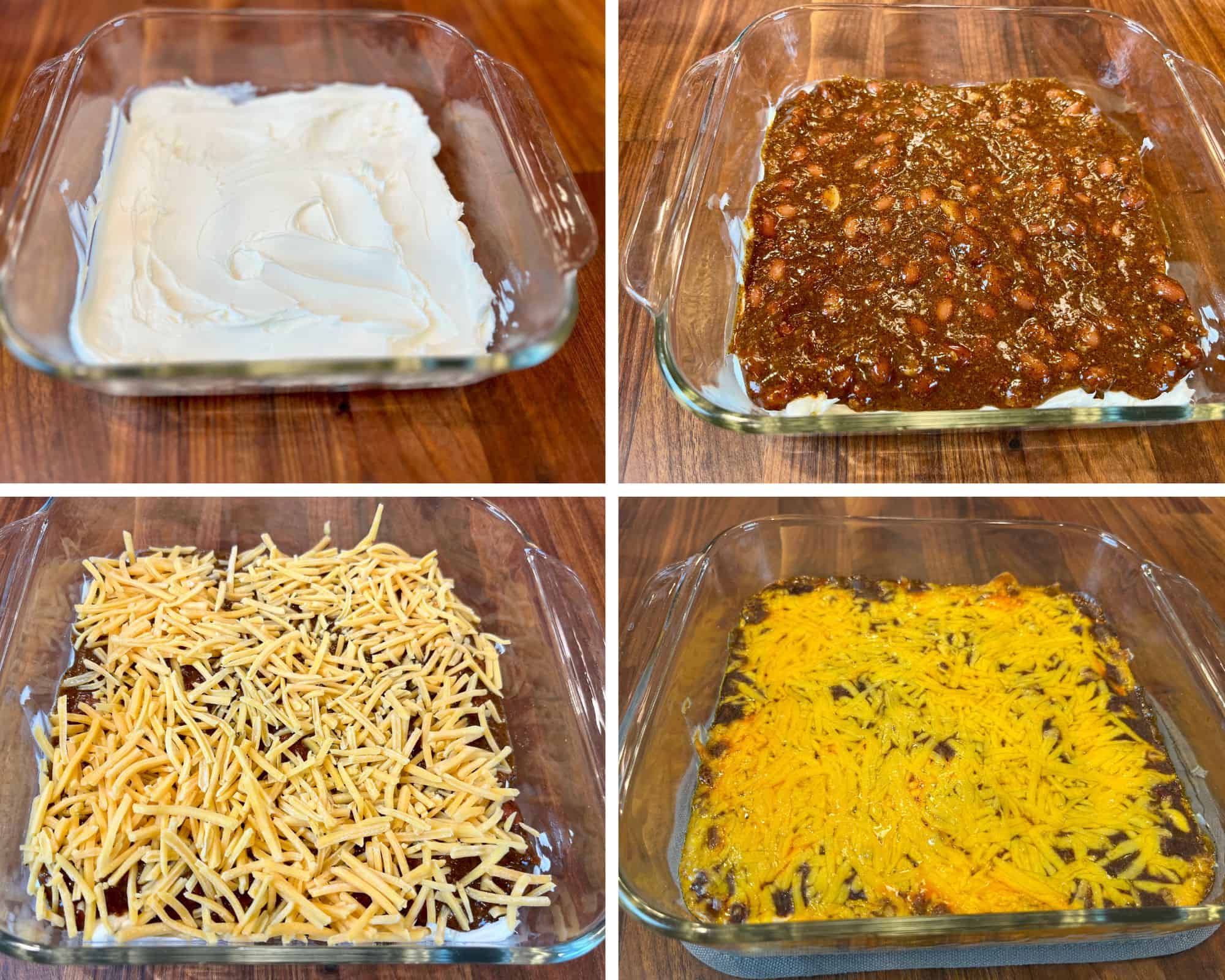 Collage: cream cheese in dish, topped with chili, topped with cheese, baked