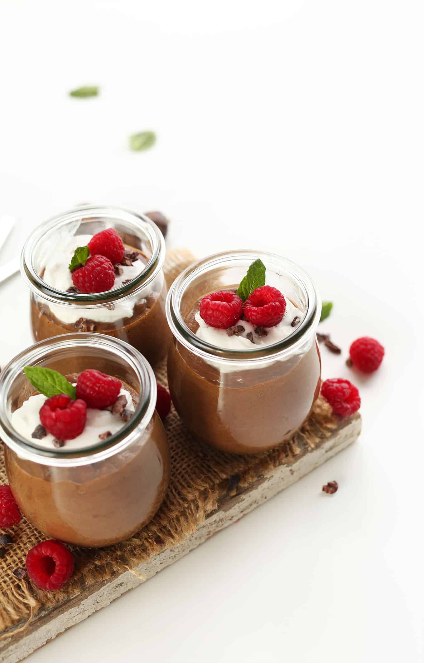 chocolate chia seed pudding in glass jars
