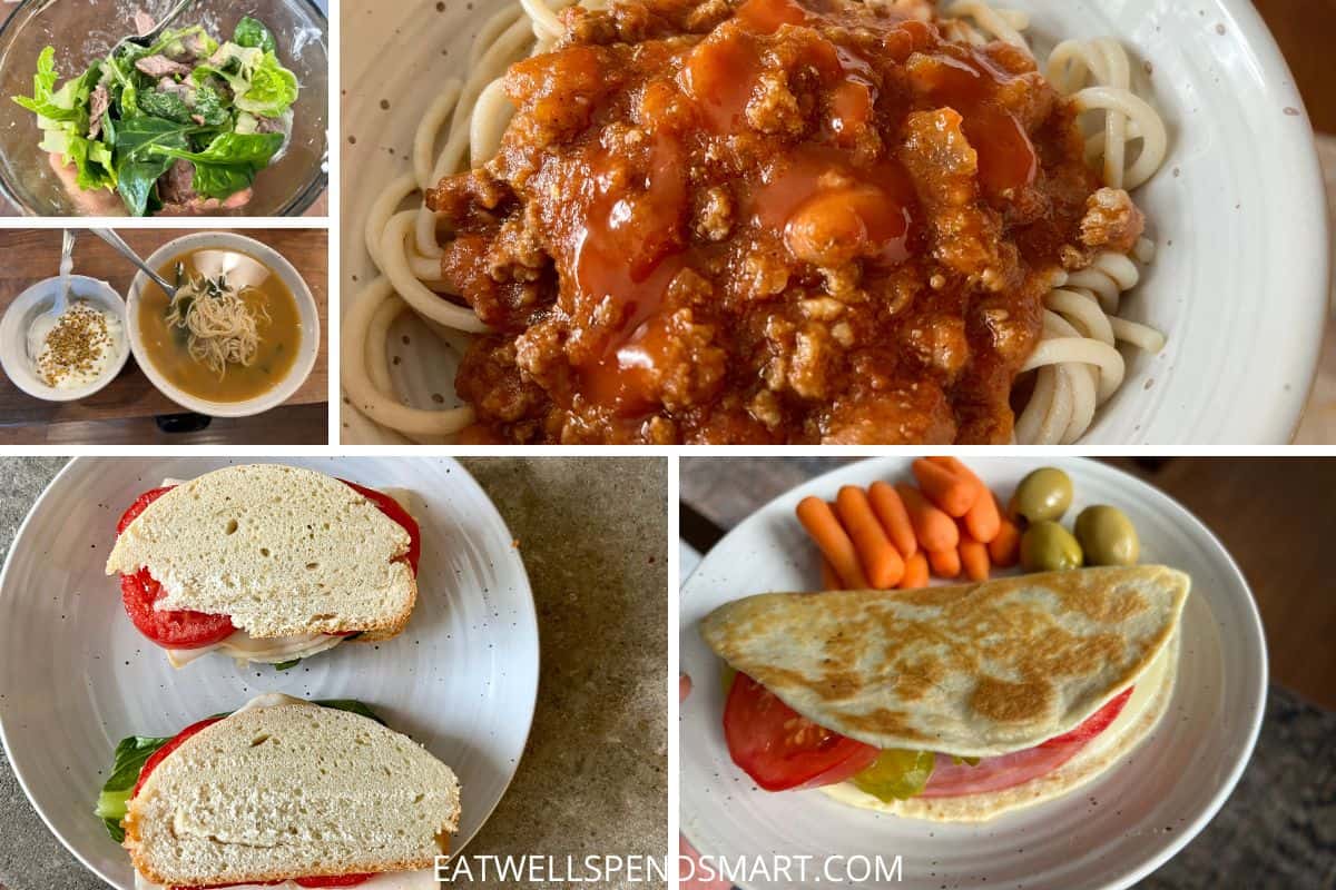 collage of lunches: salad, ramen, yogurt, sandwiches, and chili mac