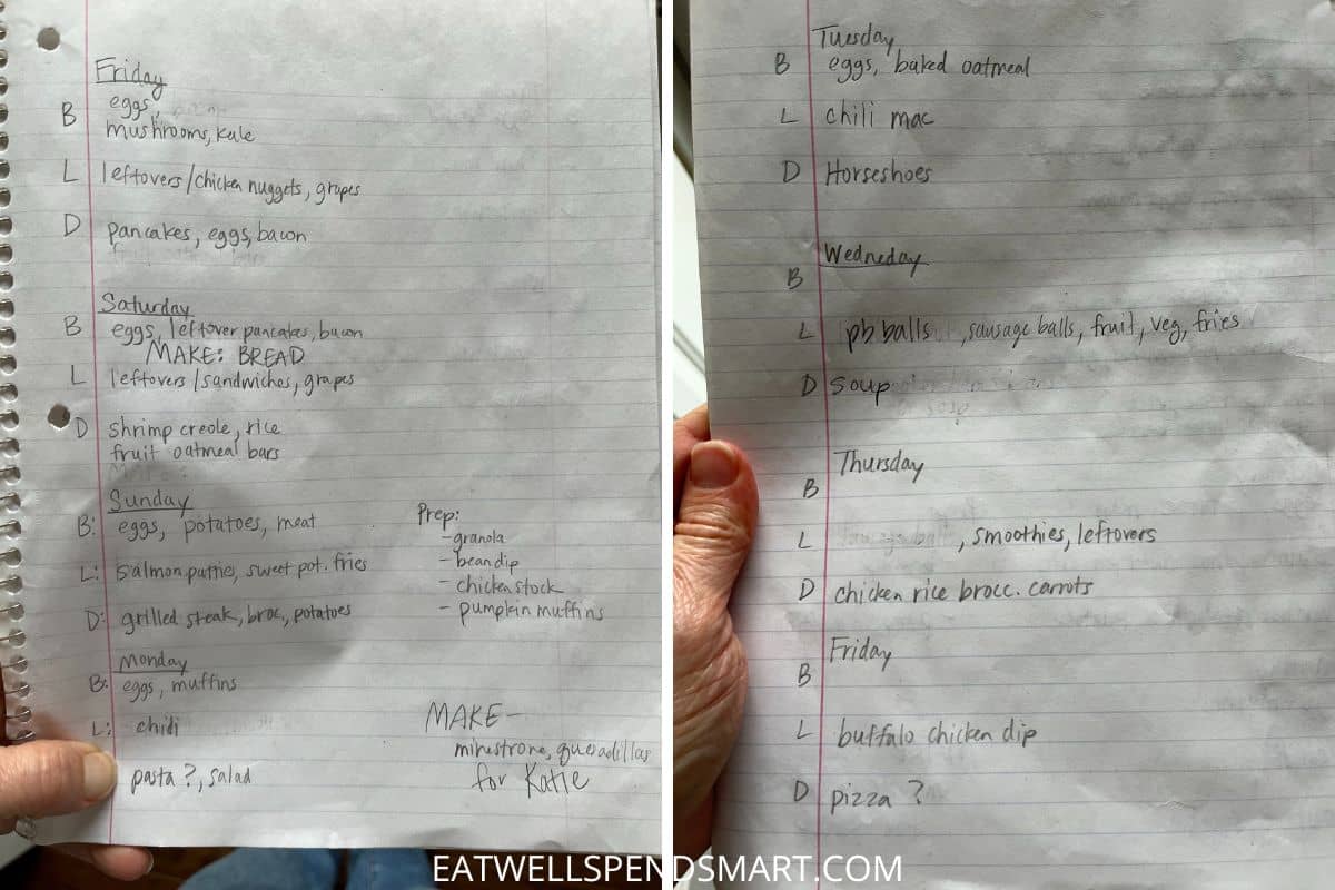 meal plan written on notebook paper