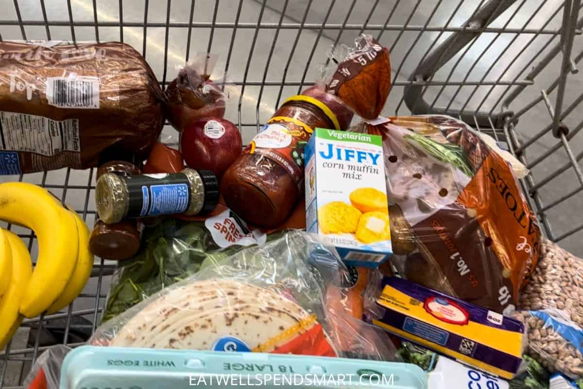 shopping cart with various groceries