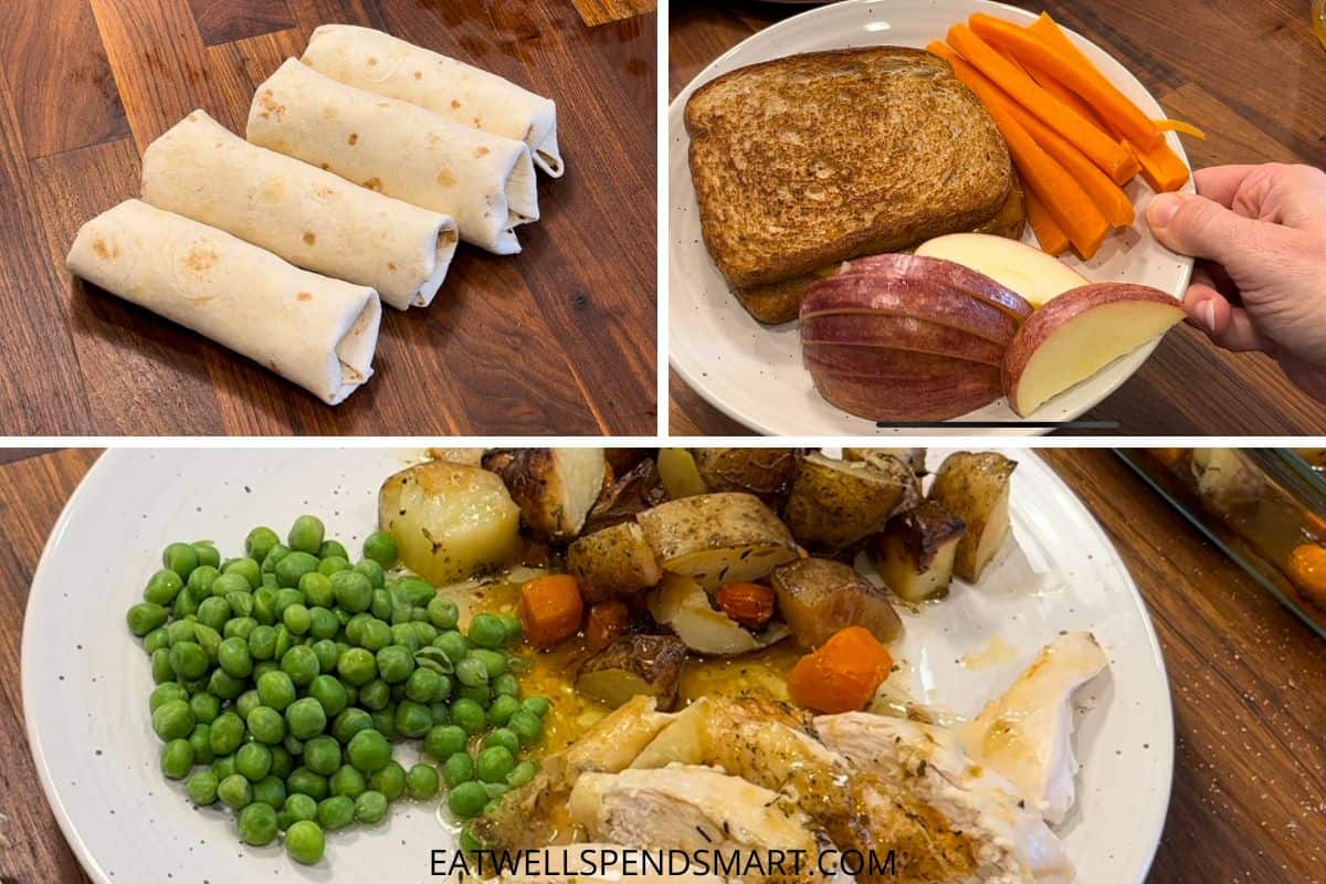 collage of breakfast burritos, grilled cheese, carrot sticks, apple slices, roasted chicken with vegetables