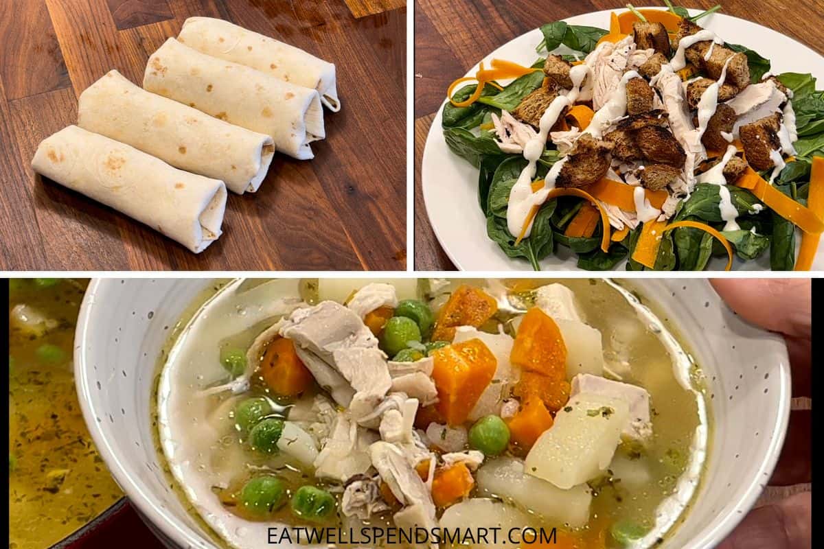 collage of breakfast burritos, chicken spinach salad, and chicken soup