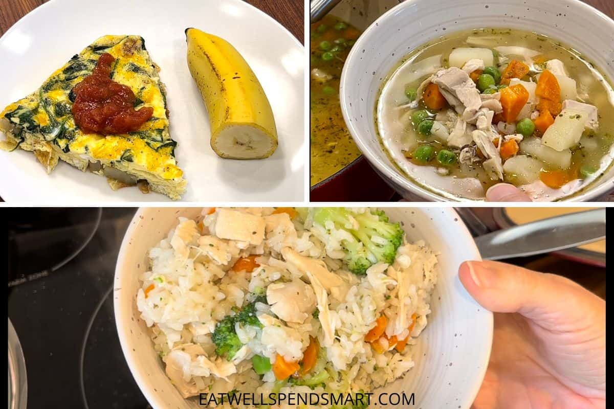 collage of egg casserole and banana, chicken soup, and chicken and rice