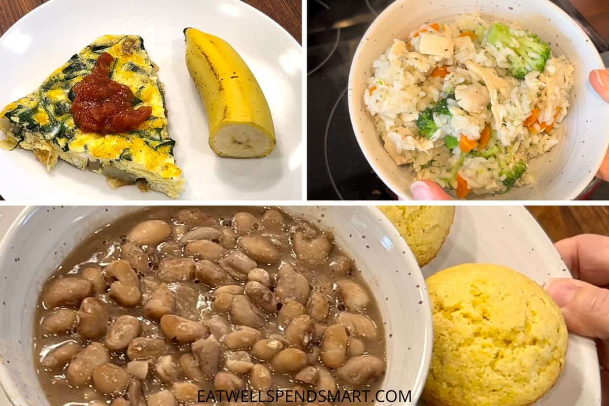 collage of egg casserole and banana, chicken and rice, and pinto beans with corn muffins