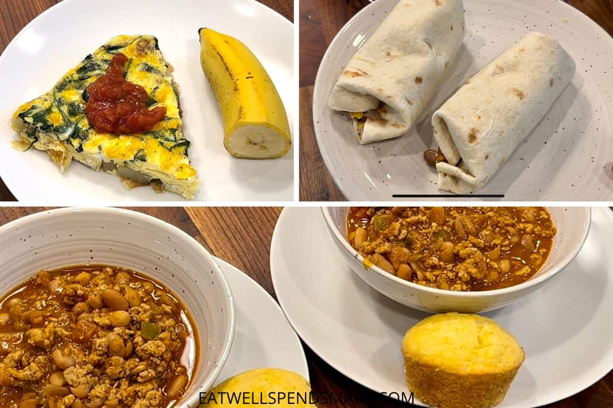 collage of egg casserole and banana, bean and cheese burritos, turkey chili with corn muffin