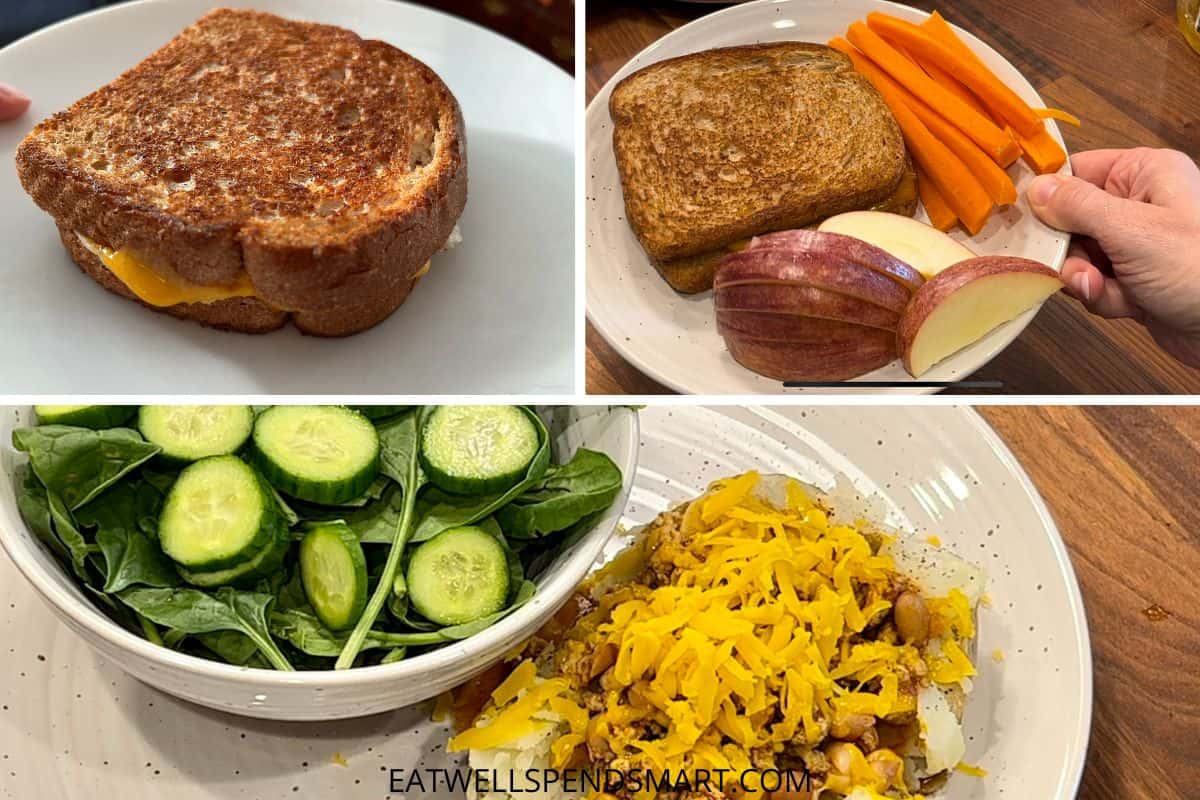 collage of egg sandwich, grilled cheese sandwich with apple and carrots, chili baked potato and side salad