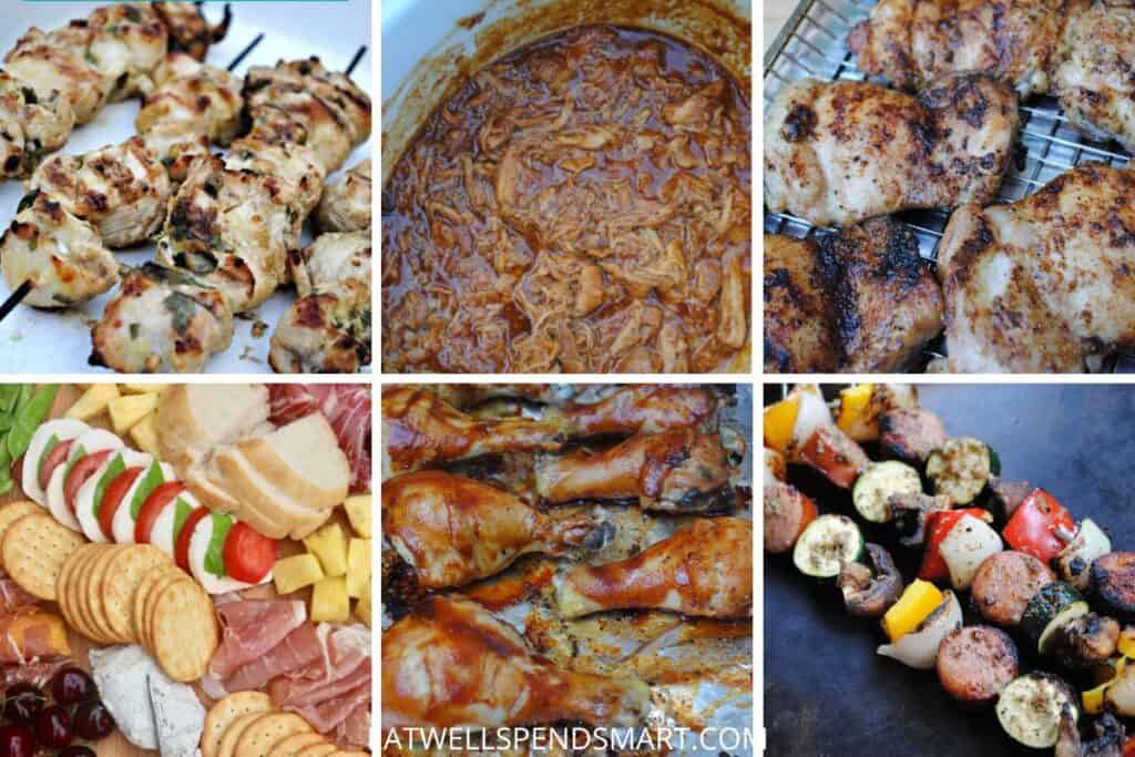 chicken kabobs, slow cooker bbq, grilled chicken, summer charcuterie board, bbq chicken legs, smoked sausage kabobs