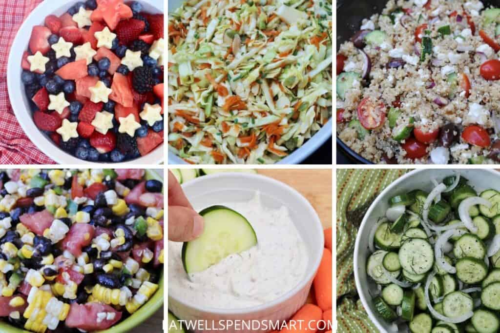 fruit salad, cabbage salad, quinoa salad, black bean and corn salad, sour cream dip, cucumber salad