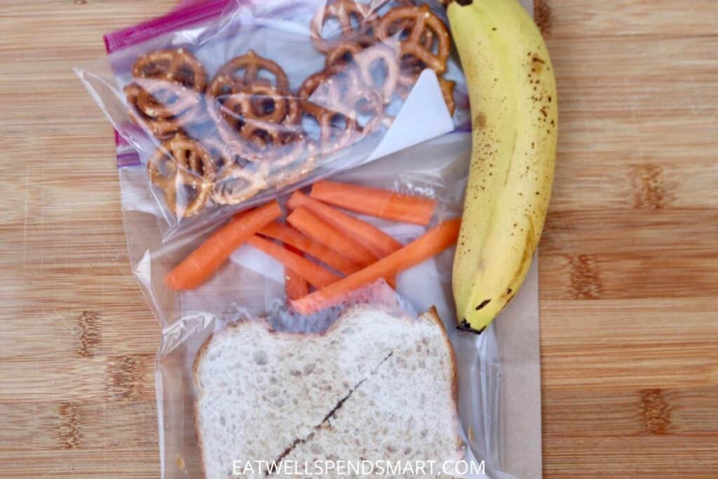 pb&j, banana, carrots, pretzels