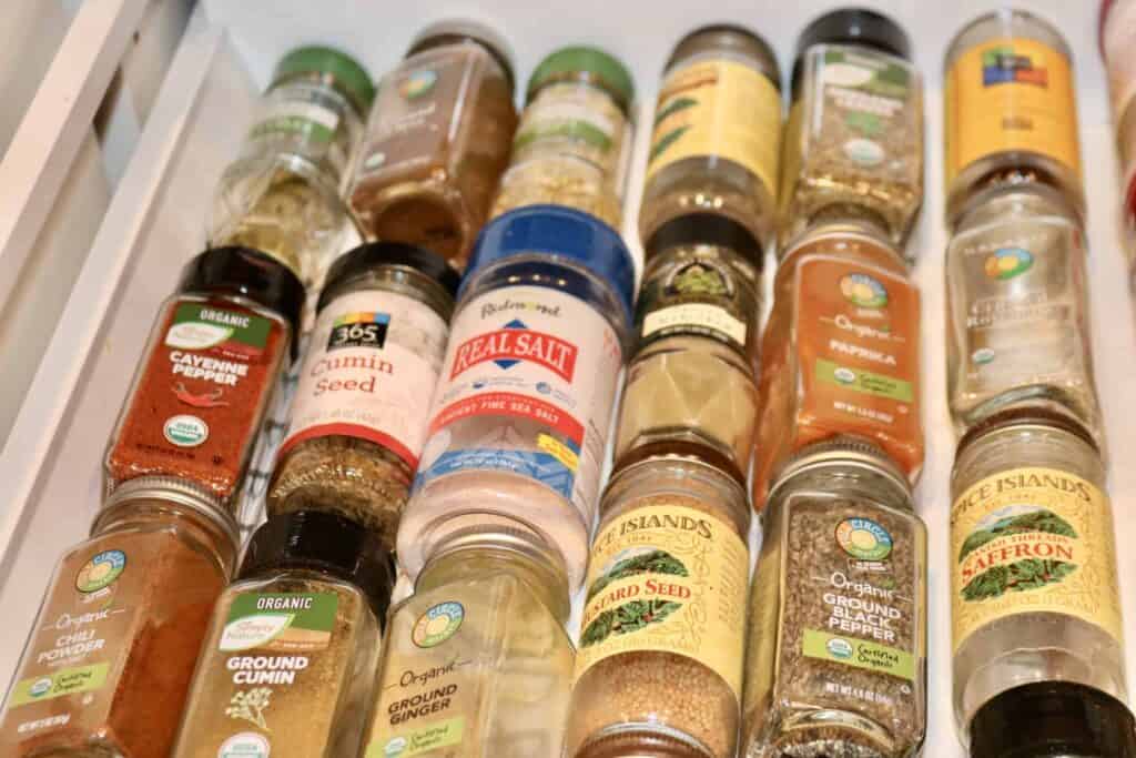 variety of spices in a drawer